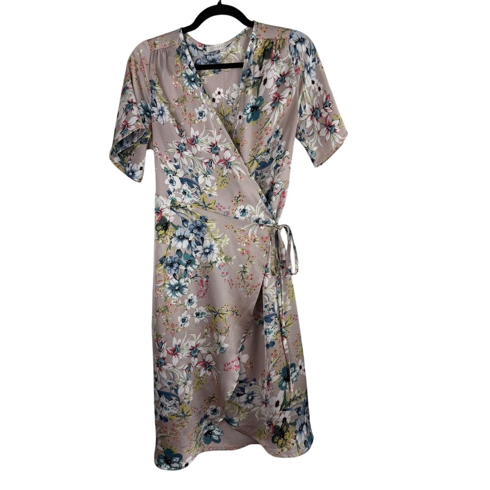 Luna Floral Wrapโ Dress Mauve Blue V-Neck Short Sleeve Small 17659 Soft Romance